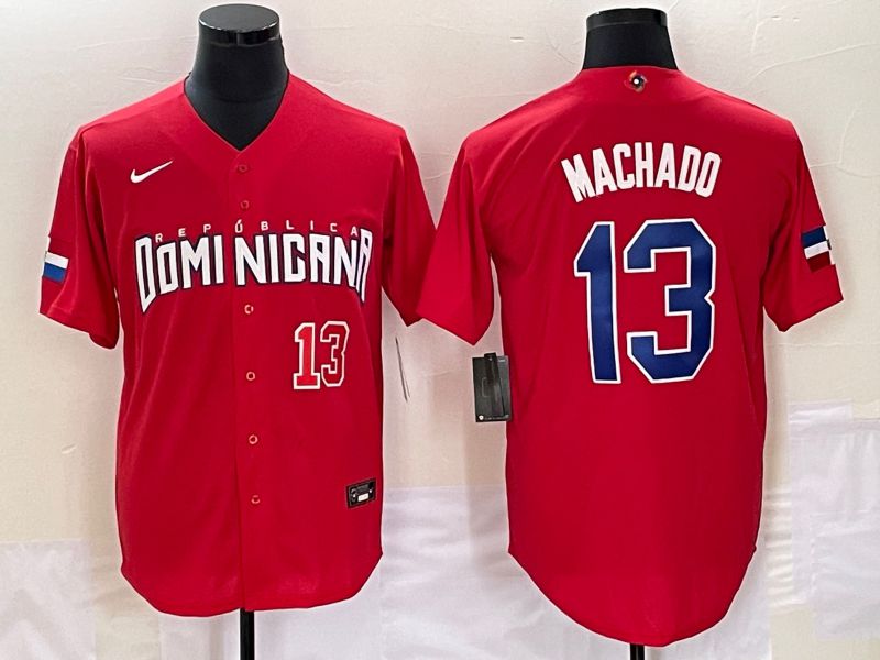 Men 2023 World Cub Dominicana #13 Machado Red Nike MLB Jersey5